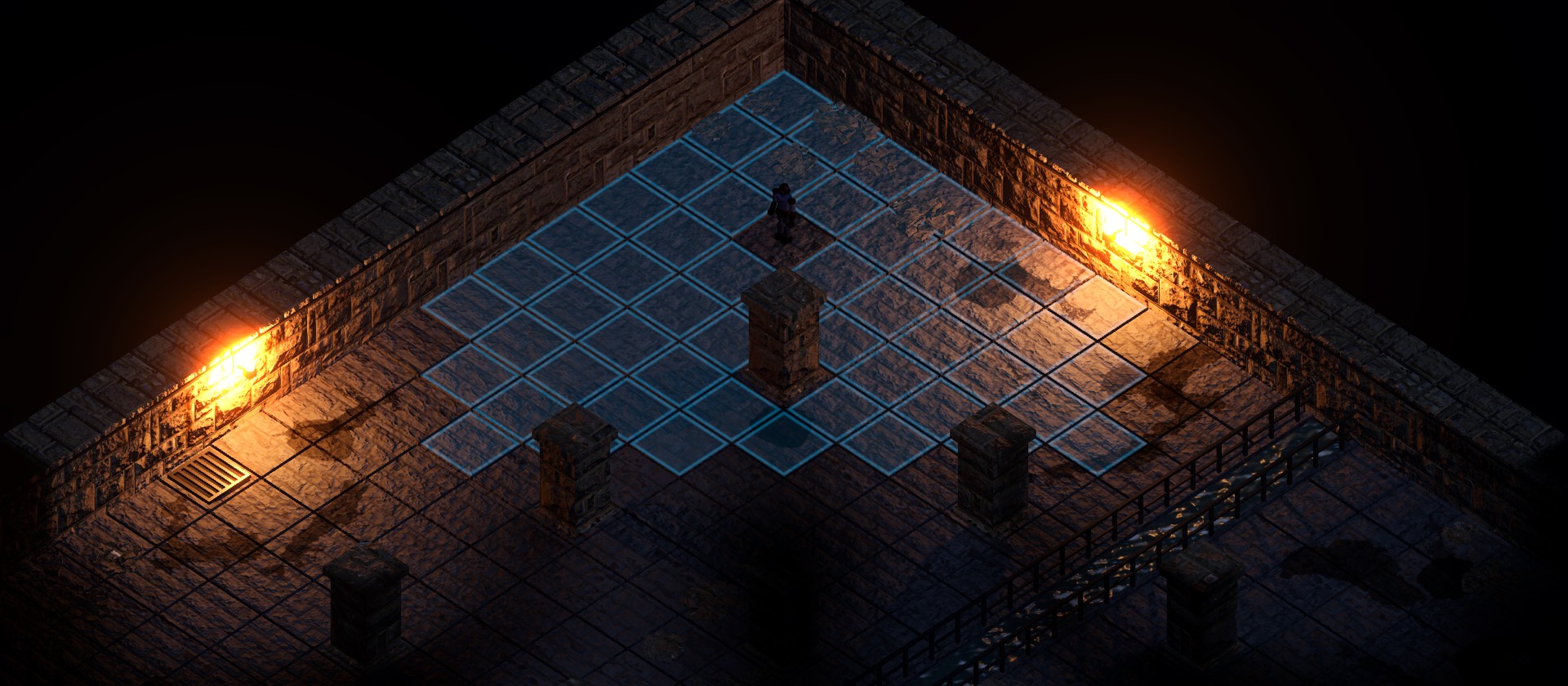A pillared stone hall under torchlight, the tiles within one move lit blue.